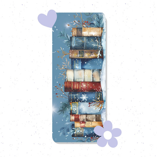 Decorative bookshelf design with books on a blue background