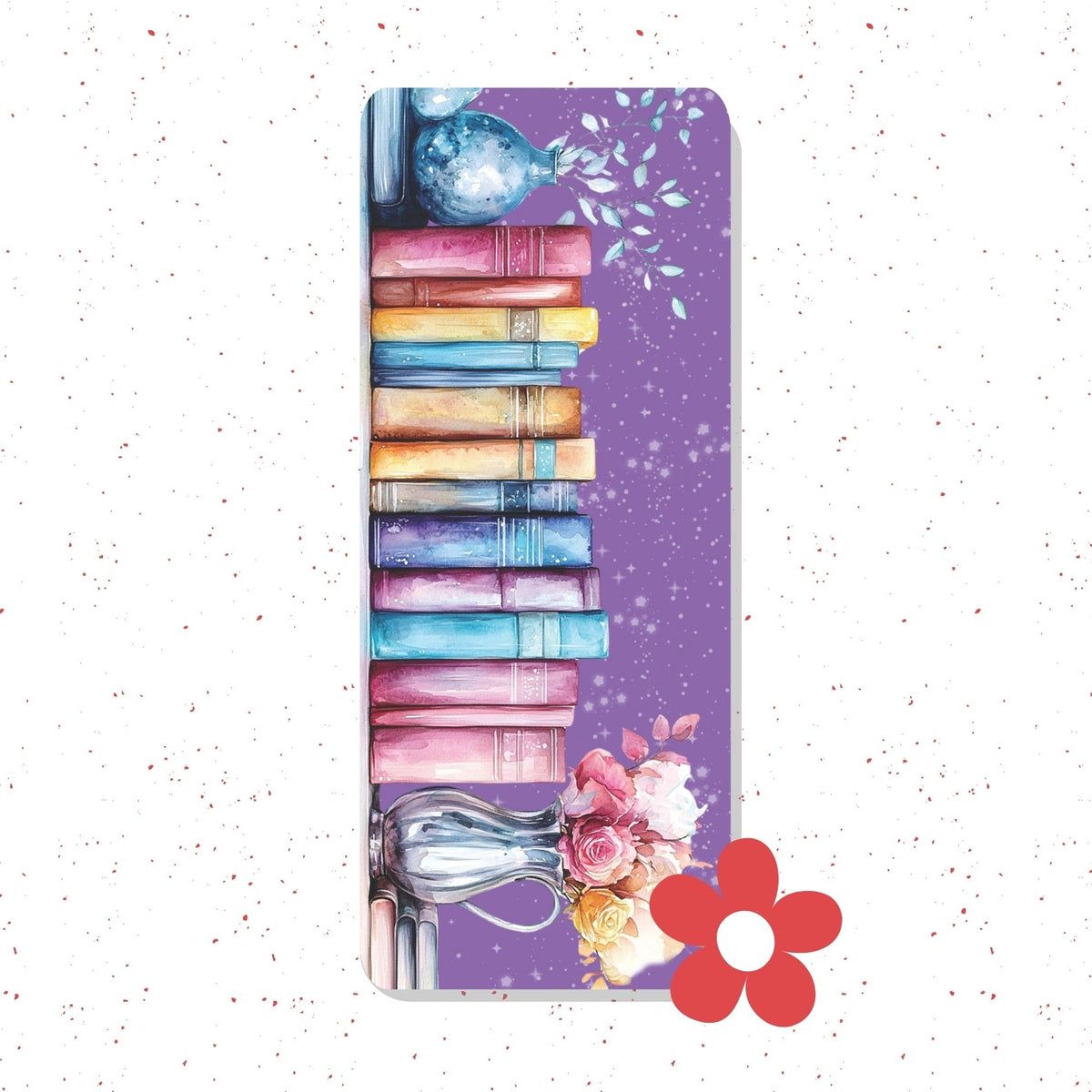A yoga mat featuring a purple background decorated with a stack of colorful books, a blue globe, a silver pitcher, and pink flowers. A red flower graphic is overlaid in the bottom right corner, set against a white speckled background.
