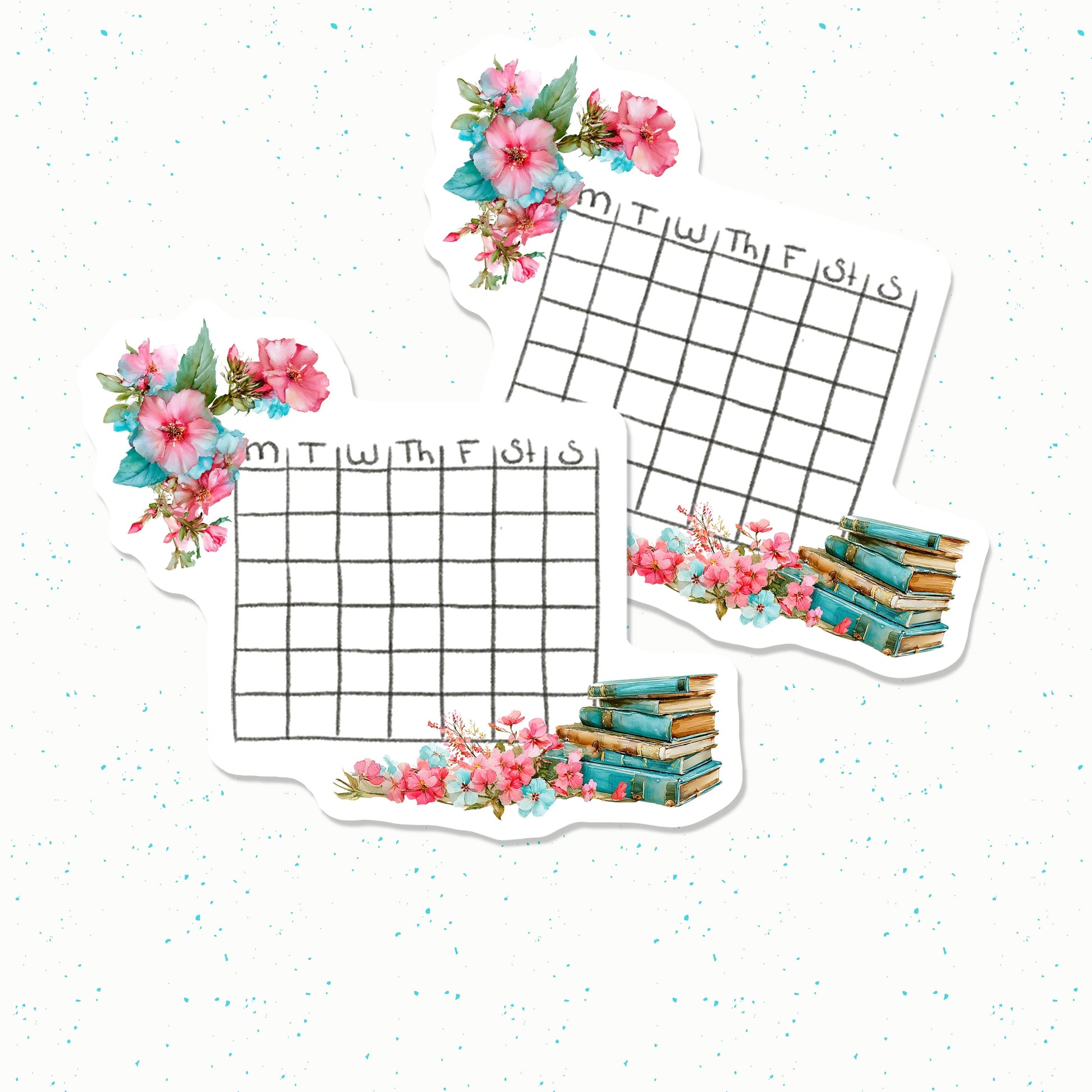Calendar stickers with floral designs and grid layout on a white background