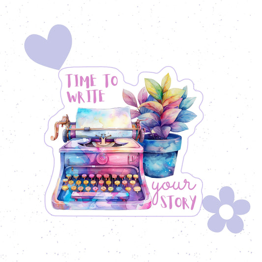 Colorful illustration of a typewriter with a plant and text 'Time to write your story' on a light background.