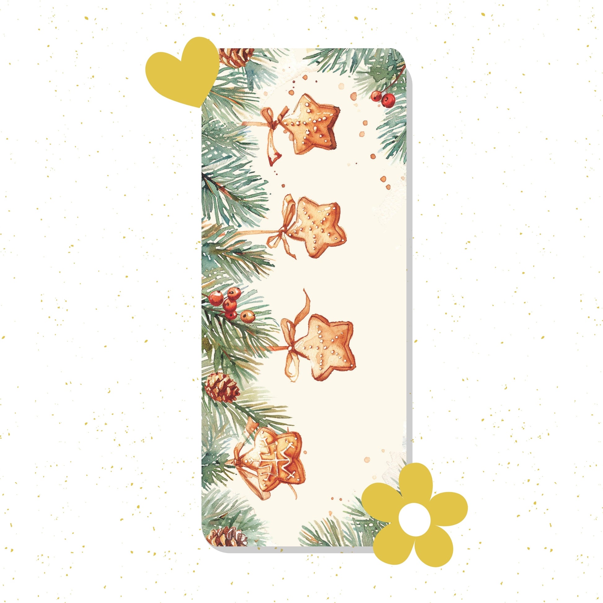 Phone case with Christmas design featuring stars, berries, and pine branches on a white background.