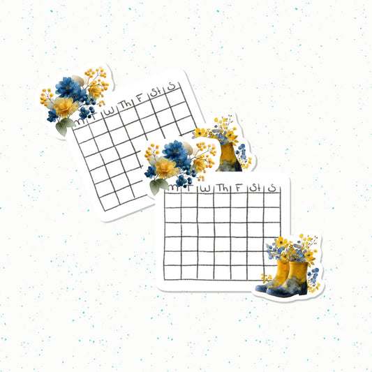 Two weekly planner stickers with floral and rain boot illustrations, displayed on a white background with subtle blue speckles.