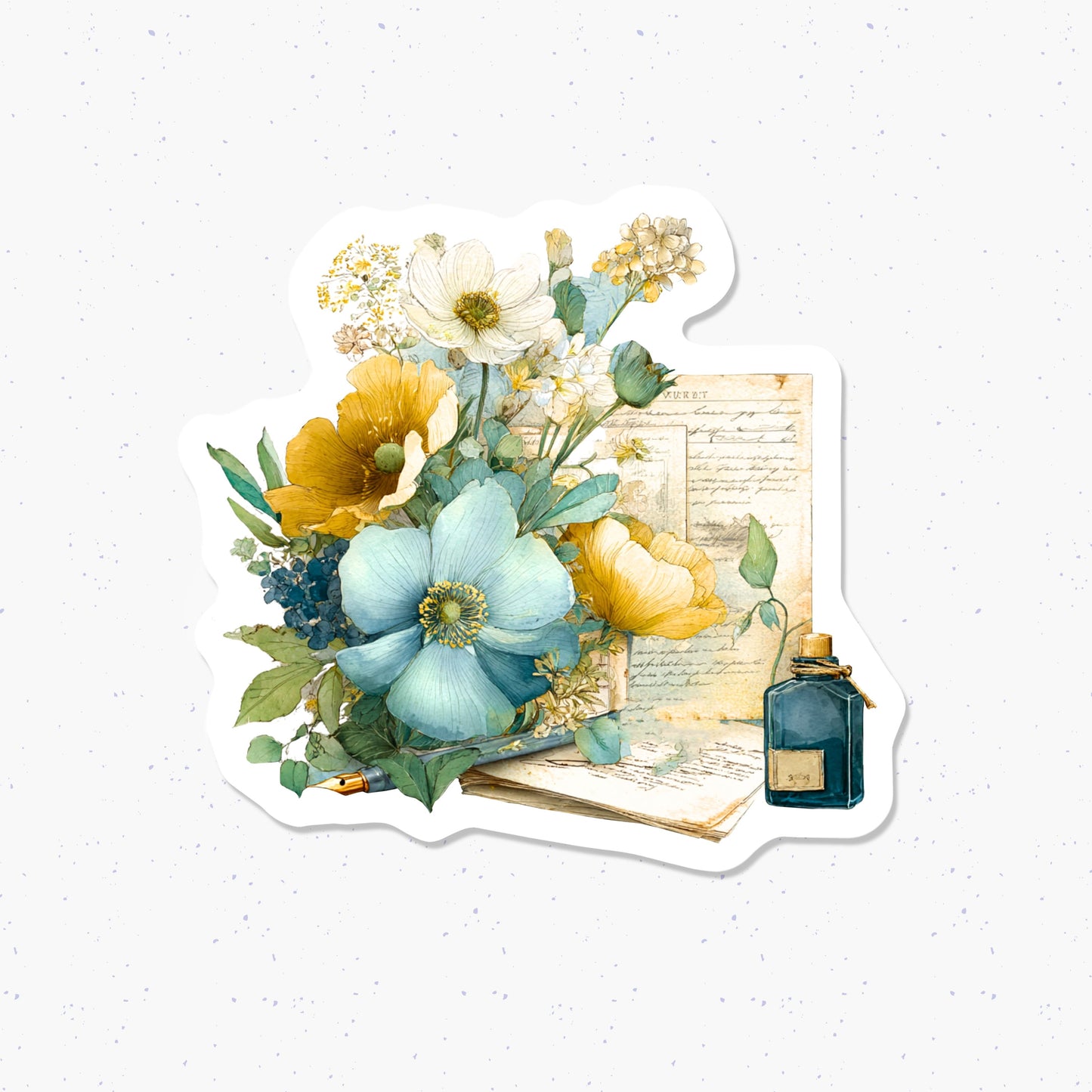 Floral design with blue and yellow flowers on a textured white background