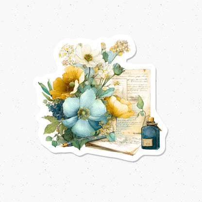 Floral design with blue and yellow flowers on a textured white background