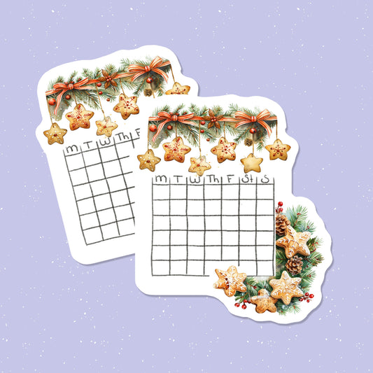 Two Christmas-themed calendar stickers with star-shaped cookies and decorative elements on a light purple background.