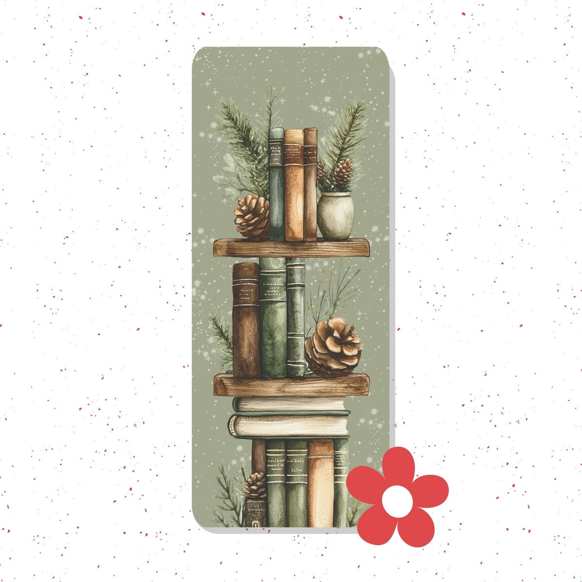 A rectangular decorative print or card featuring an illustrated stack of vintage books on wooden shelves with pinecones and evergreen branches, set against a snowy light gray background. A red flower graphic appears in the lower right corner.