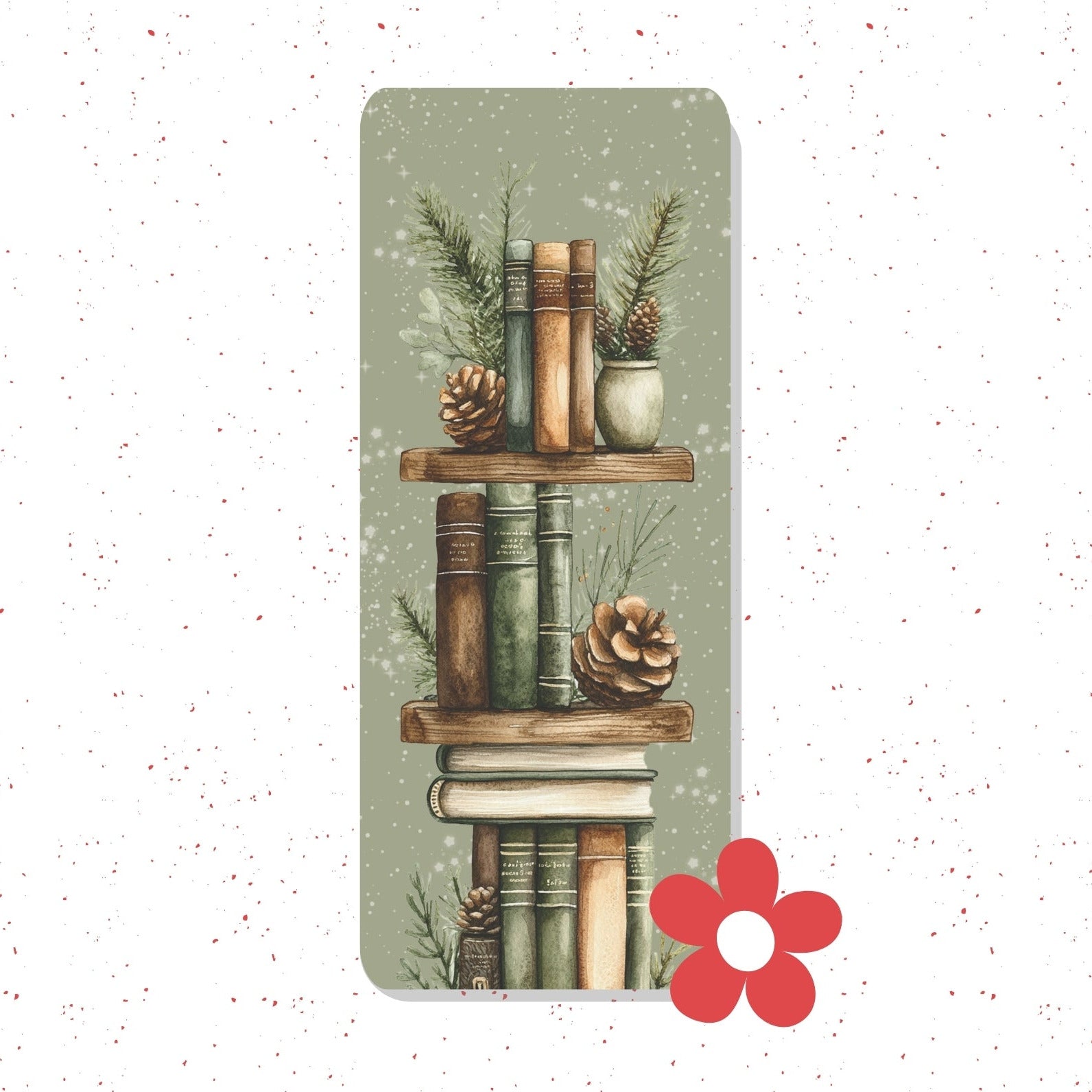 A rectangular decorative print or card featuring an illustrated stack of vintage books on wooden shelves with pinecones and evergreen branches, set against a snowy light gray background. A red flower graphic appears in the lower right corner.