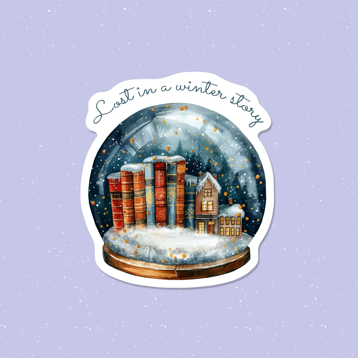Illustration of a snow globe with books and a house, text 'Lost in a winter story', on a light purple background.