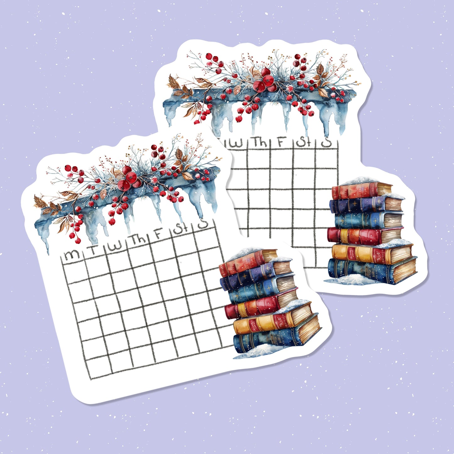 Calendar sticker with books and decorative elements on a light purple background