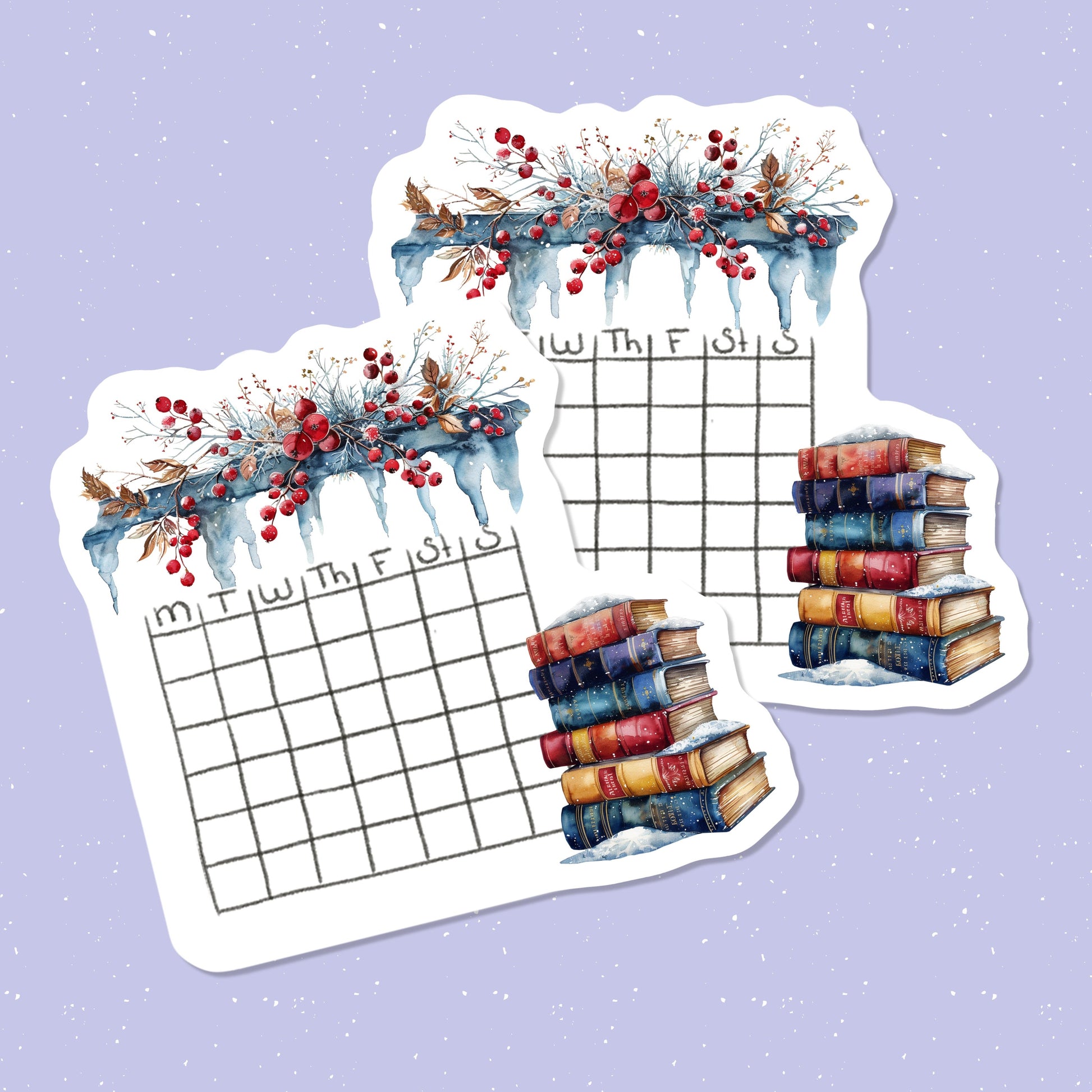 Calendar sticker with books and decorative elements on a light purple background