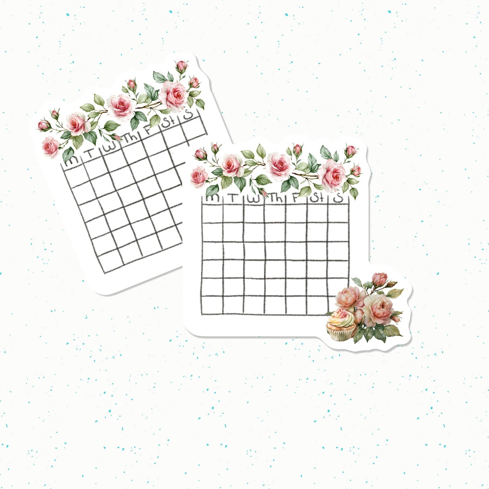 Two floral monthly calendar stickers with a pink rose and green leaf border, displayed on a white background with subtle blue speckles.