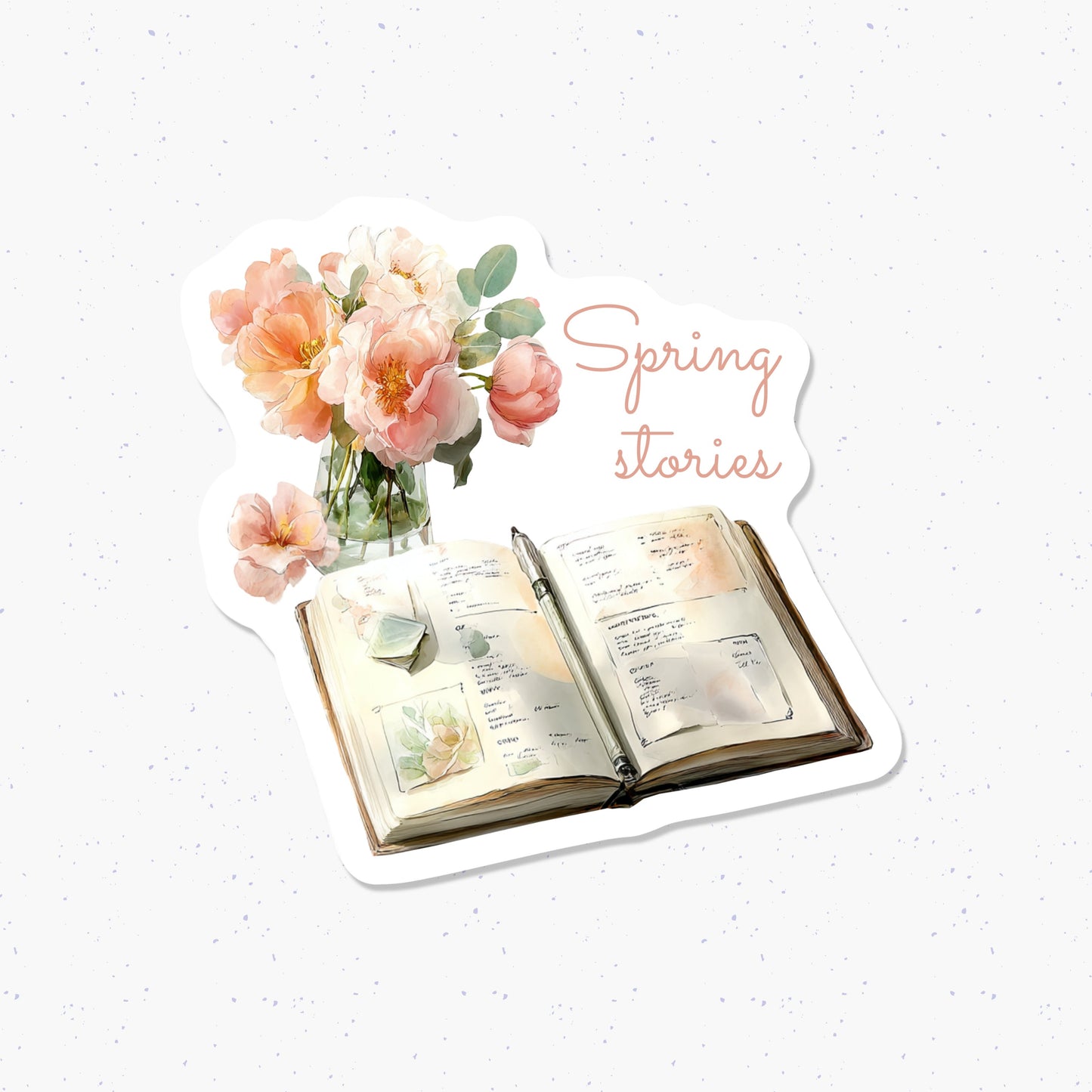 Open book with flowers on a white background, text 'Spring stories' displayed.
