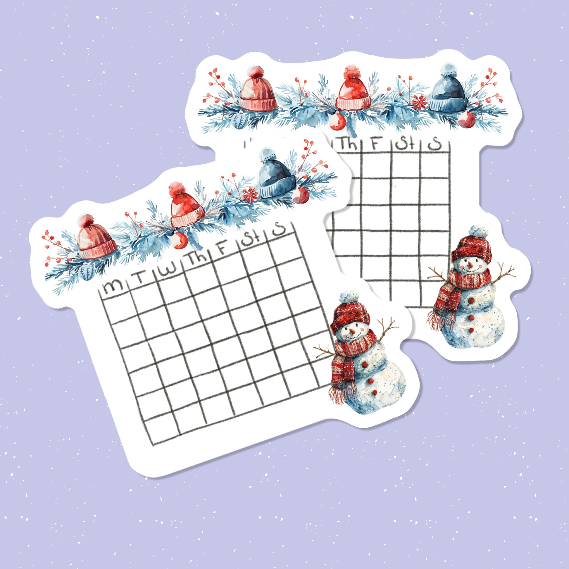 Winter-themed planner stickers with snowmen and a calendar layout on a light purple background.