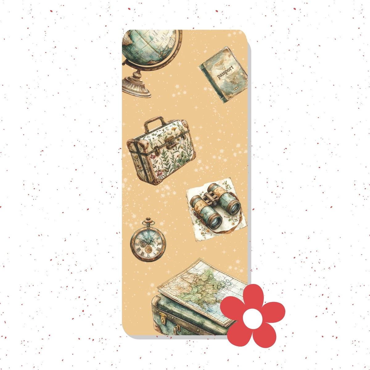 A rectangular yoga mat with a vintage travel-themed pattern featuring a globe, briefcase, pocket watch, binoculars, and map on a beige background, shown on a white speckled backdrop with a red flower graphic overlay.