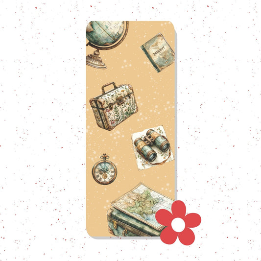 A rectangular yoga mat with a vintage travel-themed pattern featuring a globe, briefcase, pocket watch, binoculars, and map on a beige background, shown on a white speckled backdrop with a red flower graphic overlay.