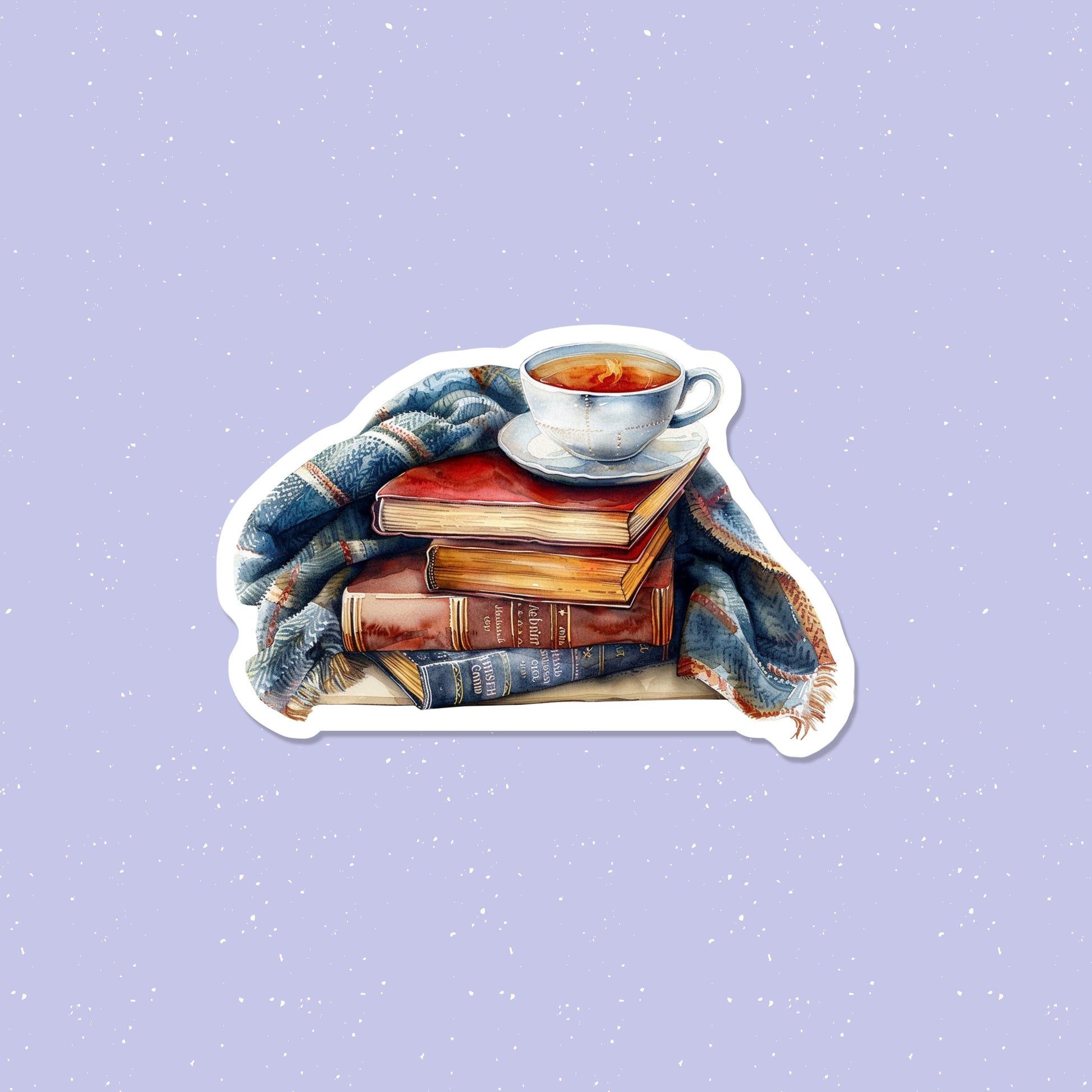 Illustration of books and a cup on plaid fabric with a light purple background