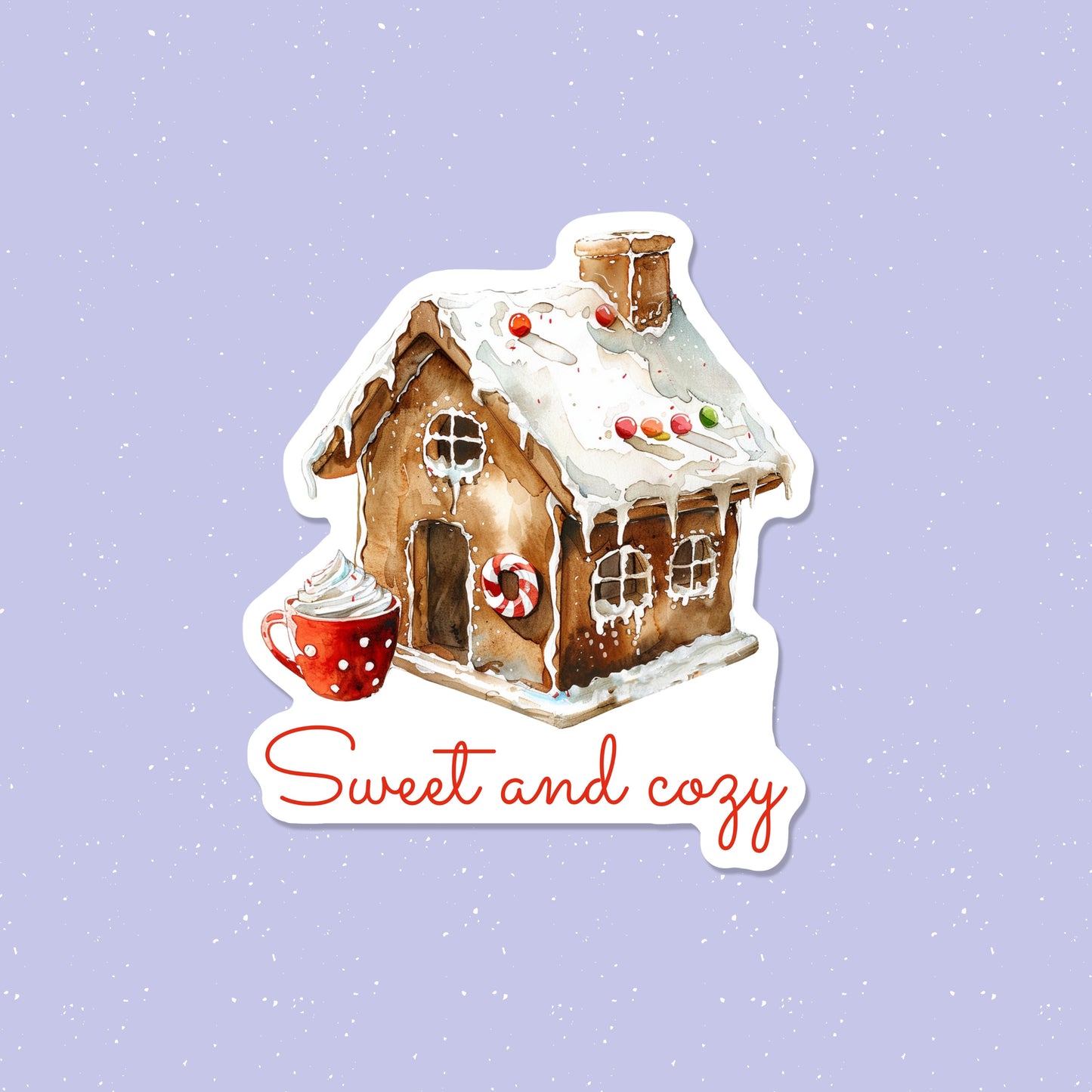 Sticker of a gingerbread house with a cup of coffee on a light purple background with snowflakes.