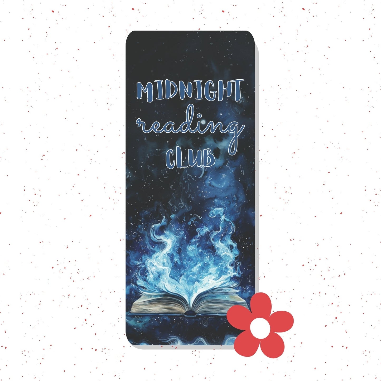 A tall, narrow book mark or bookmark with rounded corners featuring a dark cosmic illustration of an open book with glowing blue flames and the text 'MIDNIGHT reading CLUB' in stylized lettering. A red flower graphic is overlaid near the bottom right.