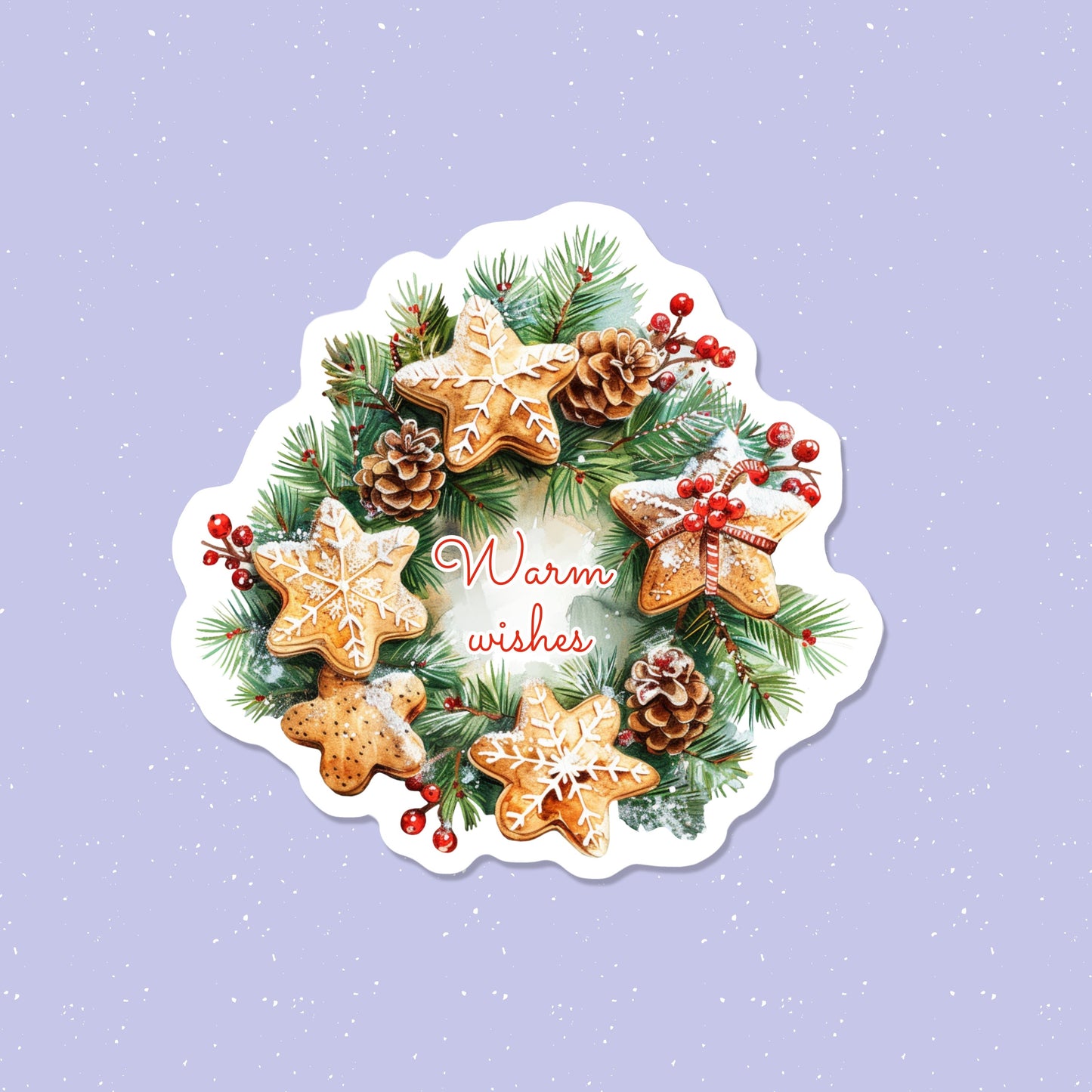 Christmas-themed sticker with cookies and pinecones on a purple background