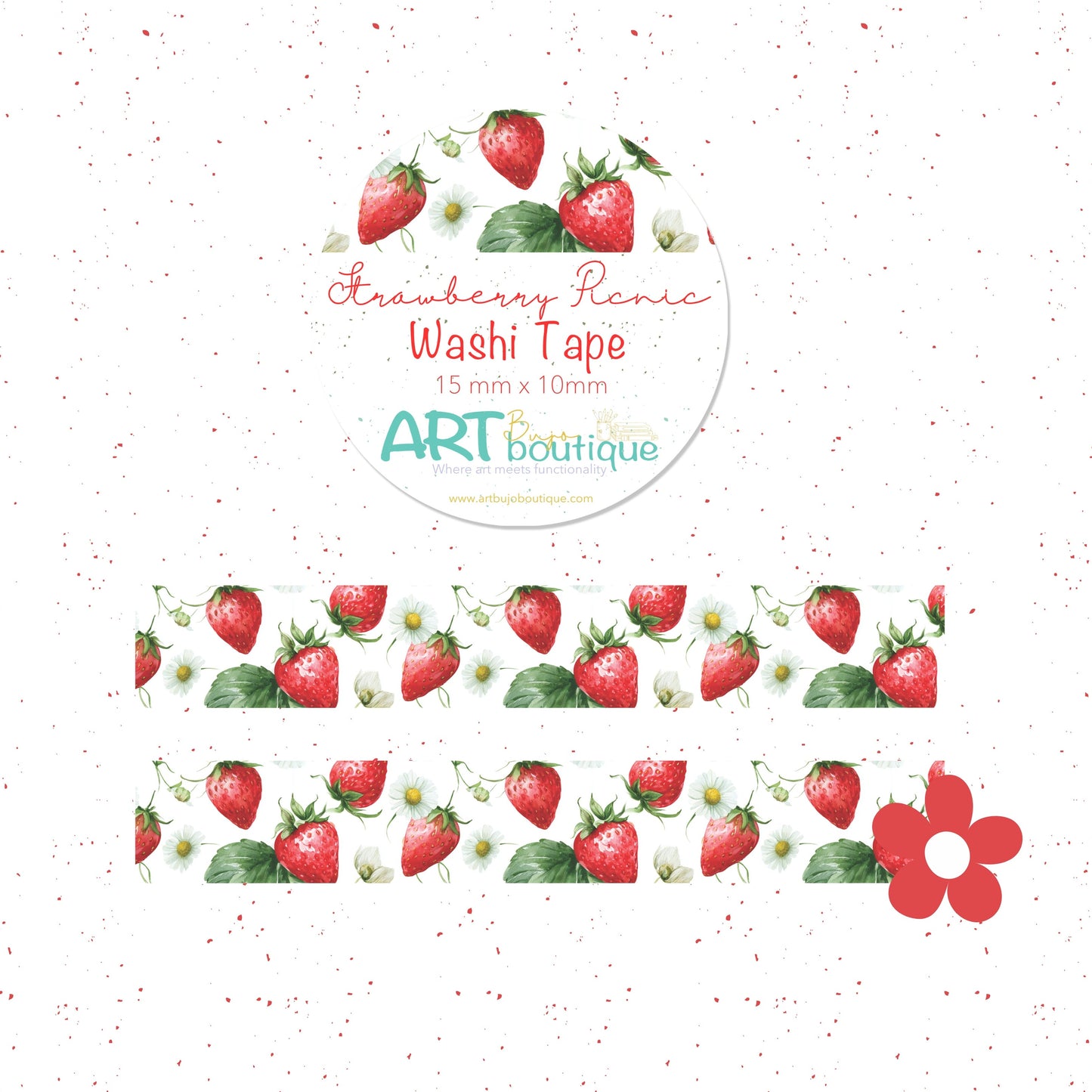 Strawberry-themed washi tape packaging with branding on a white background