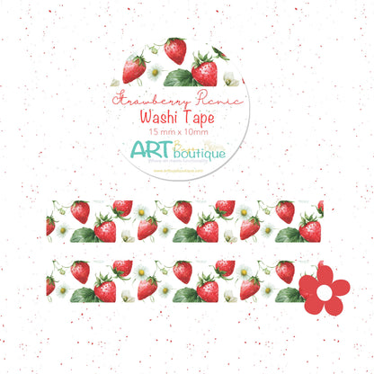 Strawberry-themed washi tape packaging with branding on a white background