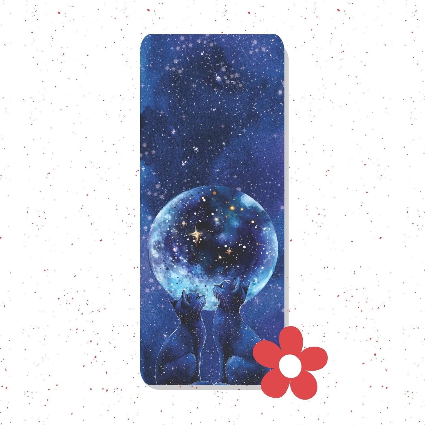 A vertical smartphone case featuring a cosmic design with a blue starry galaxy background and a glowing blue crystal ball held by silhouetted figures. A red flower icon is overlaid in the bottom right corner on a white speckled background.