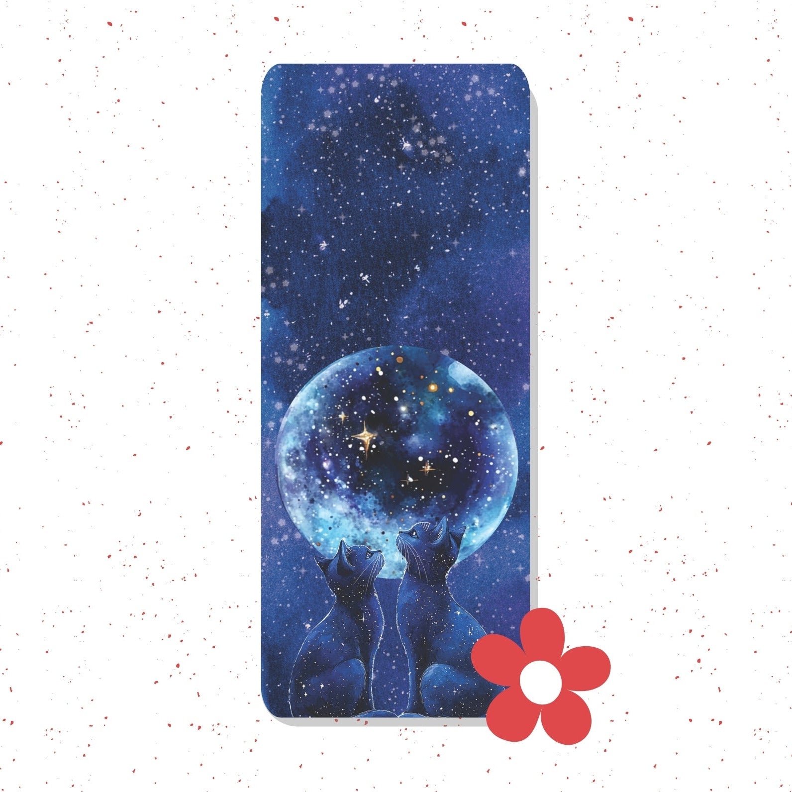 A vertical smartphone case featuring a cosmic design with a blue starry galaxy background and a glowing blue crystal ball held by silhouetted figures. A red flower icon is overlaid in the bottom right corner on a white speckled background.
