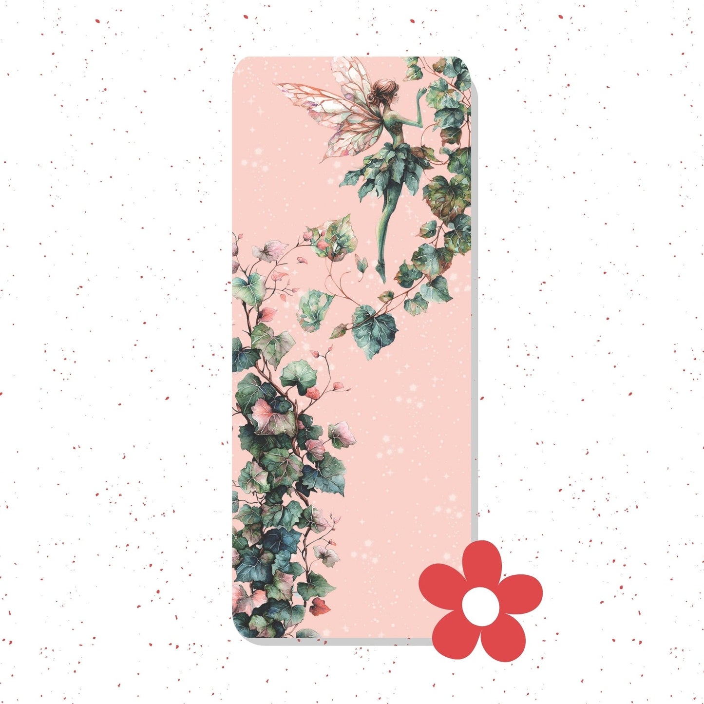 A vertical pink yoga mat featuring a watercolor-style print of green ivy vines and a fairy near the top, shown on a white speckled background with a red flower graphic in the bottom right corner.