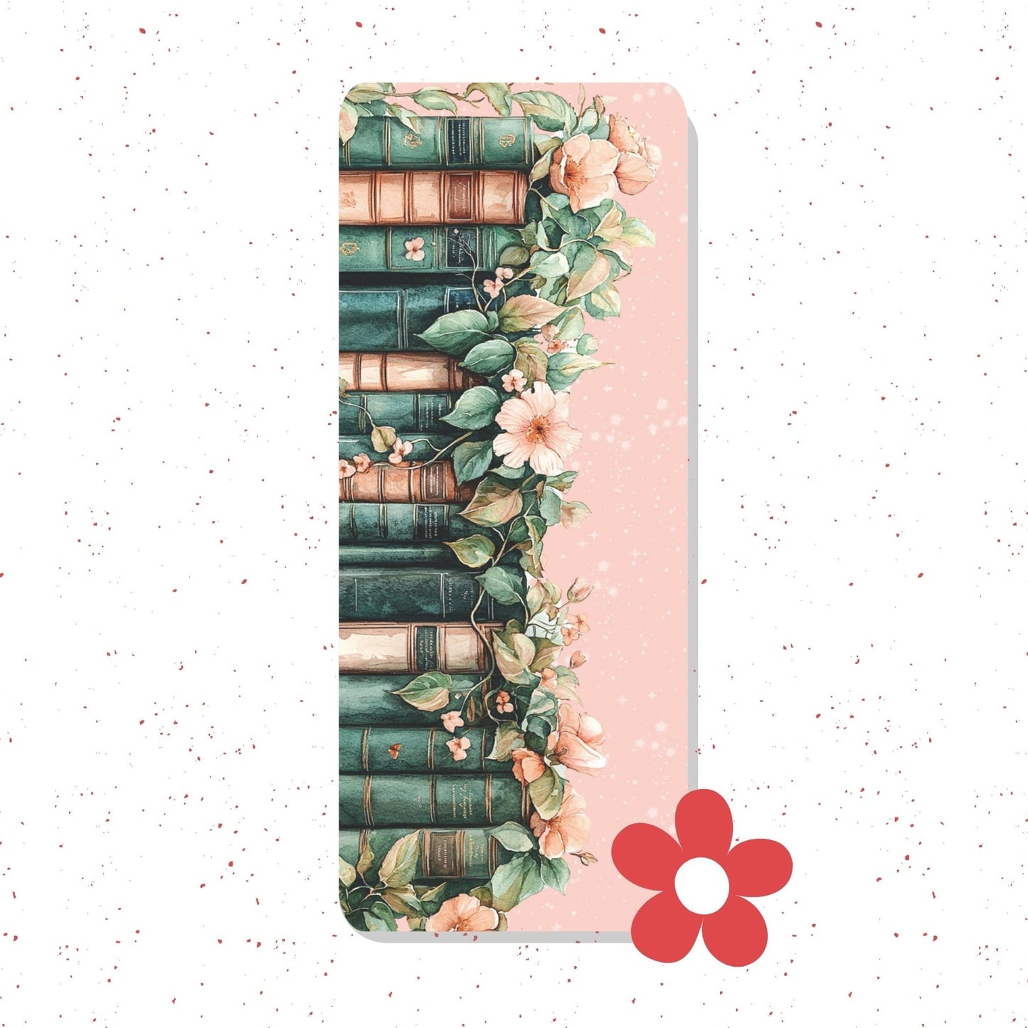 A rectangular yoga mat featuring a vintage book stack design on the left side with green and brown book spines, decorated with green vines and peach flowers, on a light pink background. A red flower graphic is overlaid in the bottom right corner.