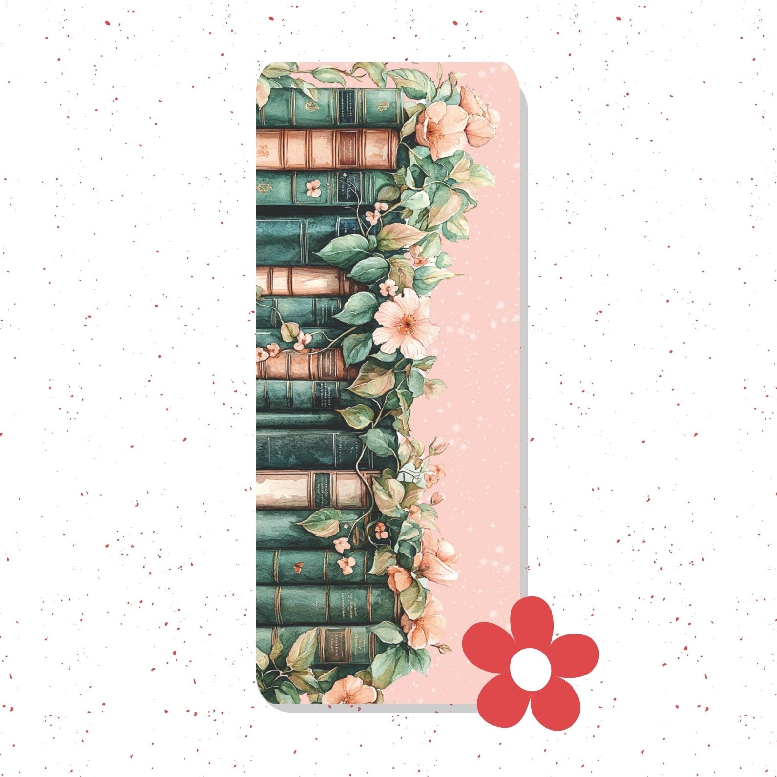 A rectangular yoga mat featuring a vintage book stack design on the left side with green and brown book spines, decorated with green vines and peach flowers, on a light pink background. A red flower graphic is overlaid in the bottom right corner.