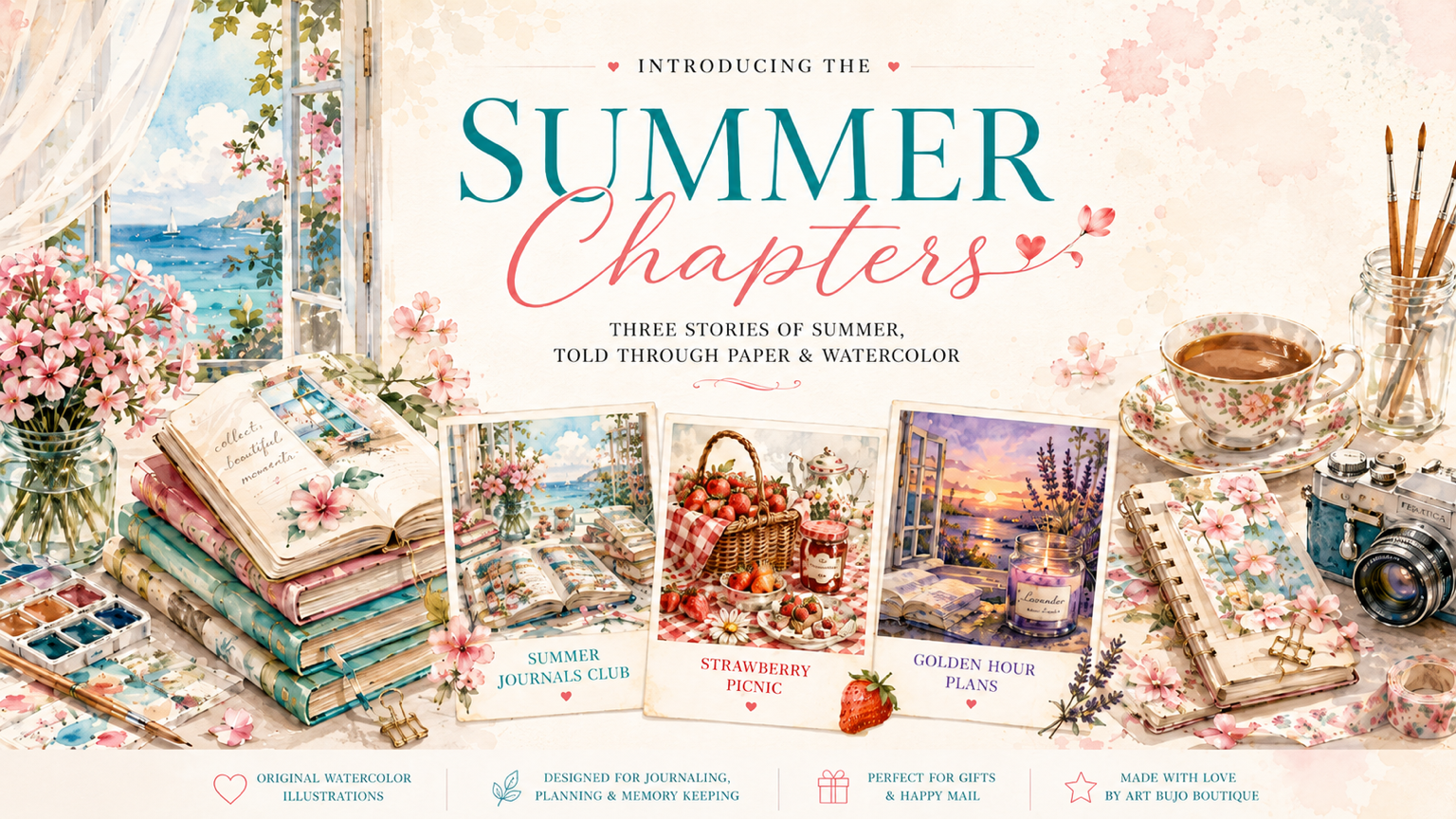 Promotional graphic for a digital watercolor and paper art bundle titled 'Summer Chapters'. The image features a soft, vintage aesthetic with stacks of illustrated books, a watercolor palette, a vintage camera, a teacup, and three sample art prints showing 'Summer Haze Club', 'Strawberry Picnic', and 'Golden Hour Plans'.