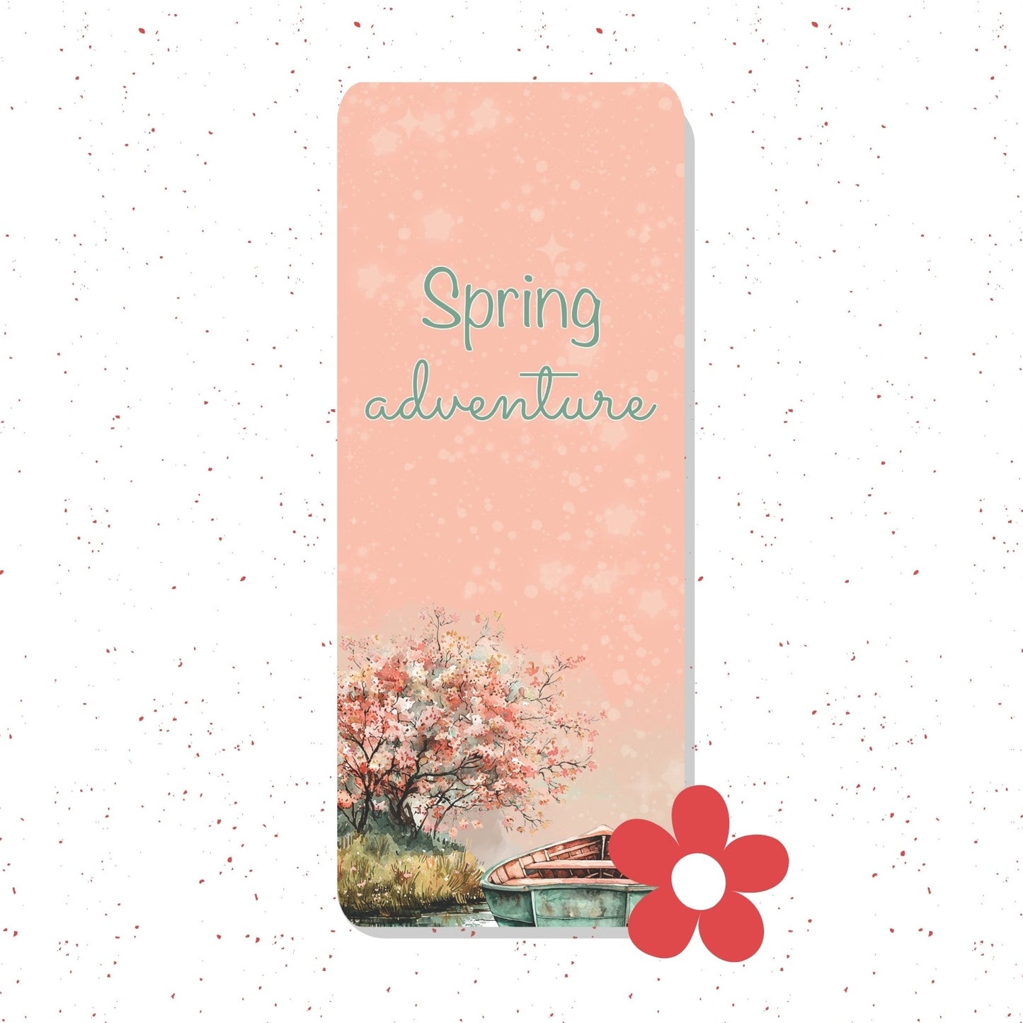 A vertical rectangular card or print with a peach-pink background, the words 'Spring adventure' in teal script, and a watercolor-style scene of a flowering tree and a small boat near the bottom. A red flower graphic sits at the lower right.