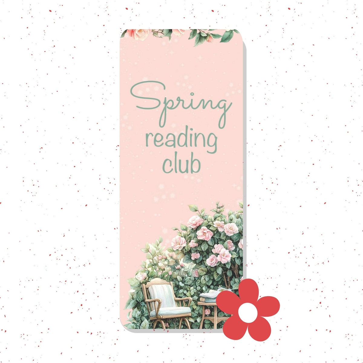 A vertical rectangular card or sign with a soft pink background, floral illustrations, and the words 'Spring reading club' in light green script. The card is centered on a white speckled background, with a red flower graphic overlapping the lower right corner.