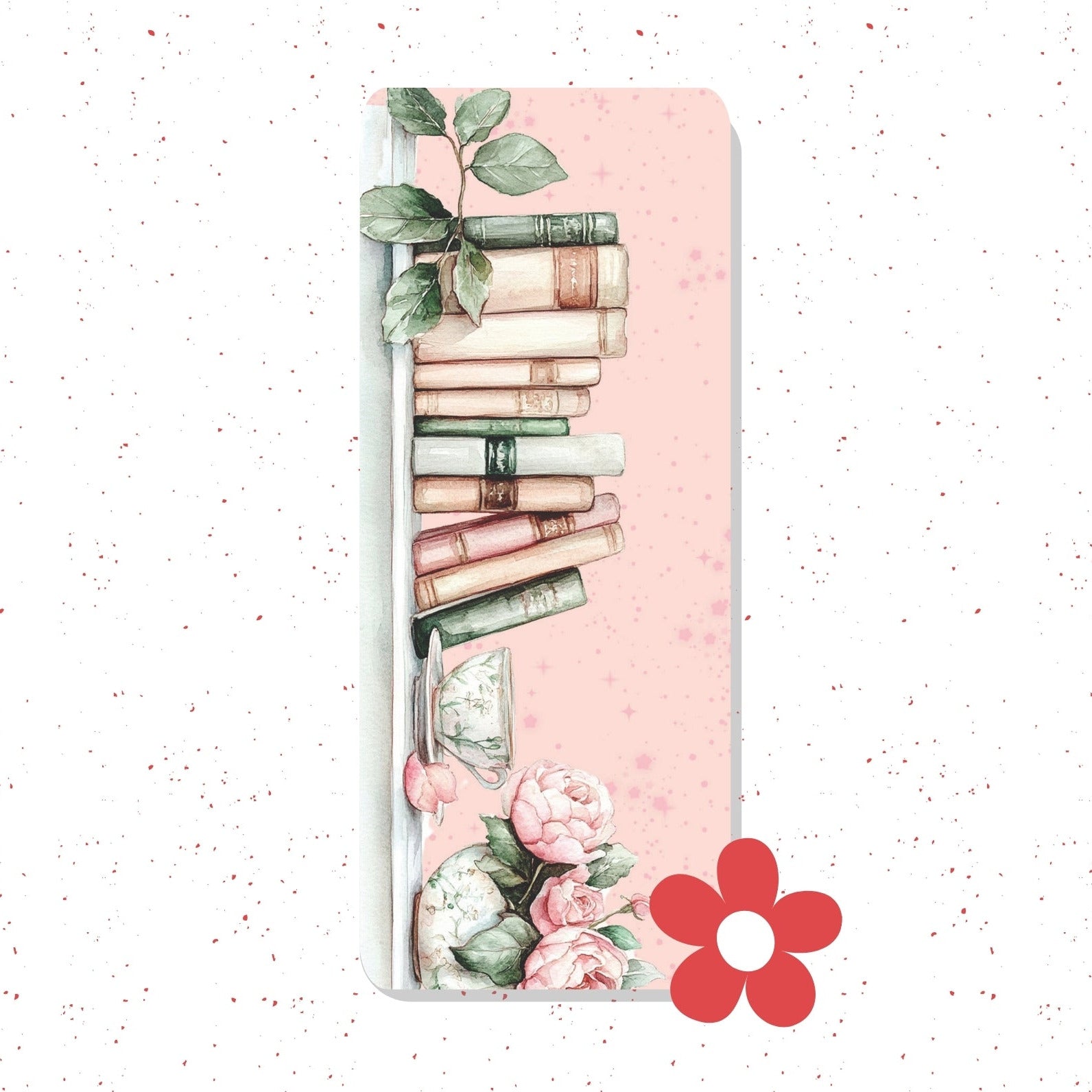 A vertical rectangular card or print with a pale pink background, decorated with a stack of vintage books, green leaves, pink flowers, and a red flower icon in the lower right. The item is centered on a white speckled background.