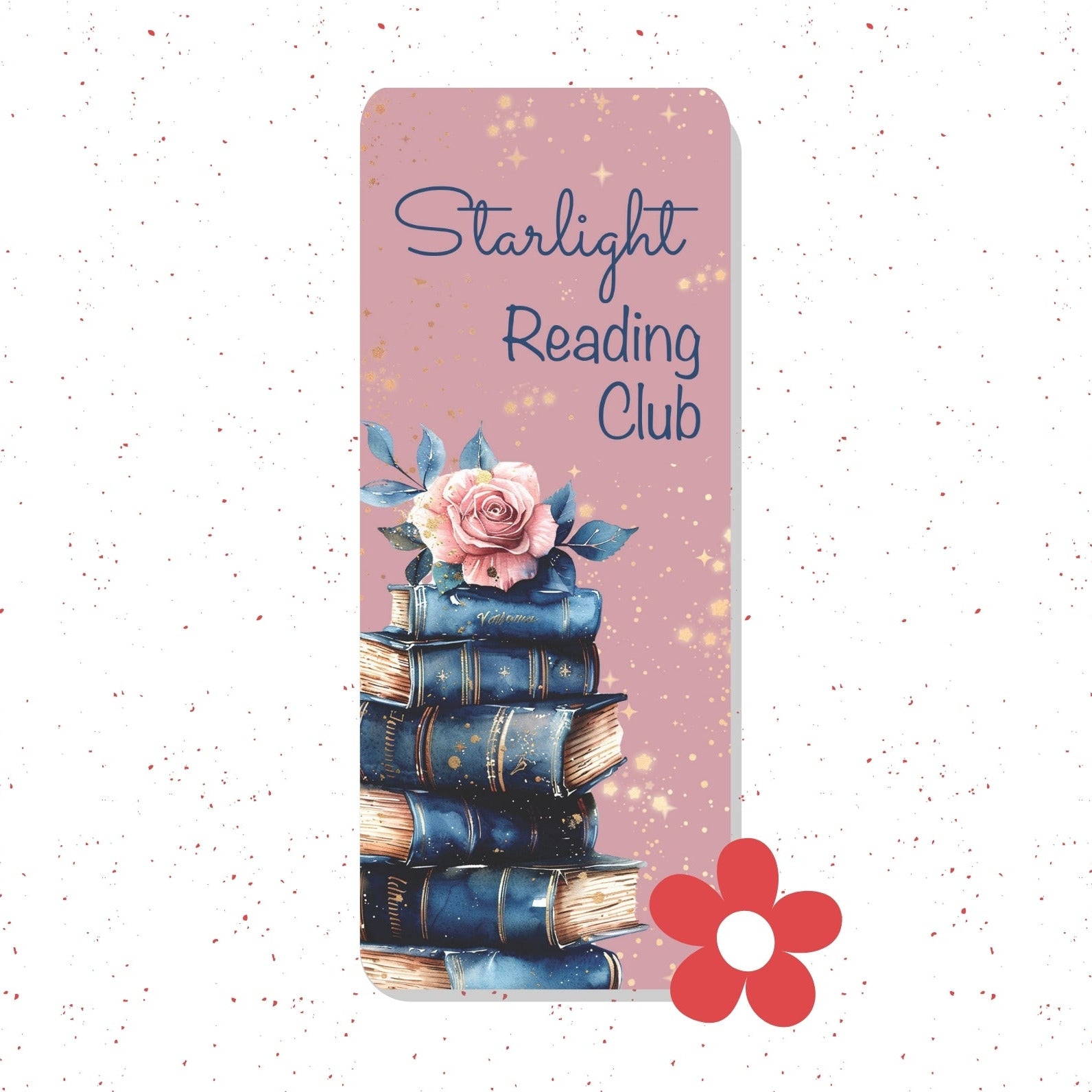 A rectangular printed card or label with rounded corners on a white speckled background. The card has a dusty pink background with the words 'Starlight Reading Club' in dark blue script and serif text, plus an illustration of a stack of blue books with a pink rose and gold glitter accents.