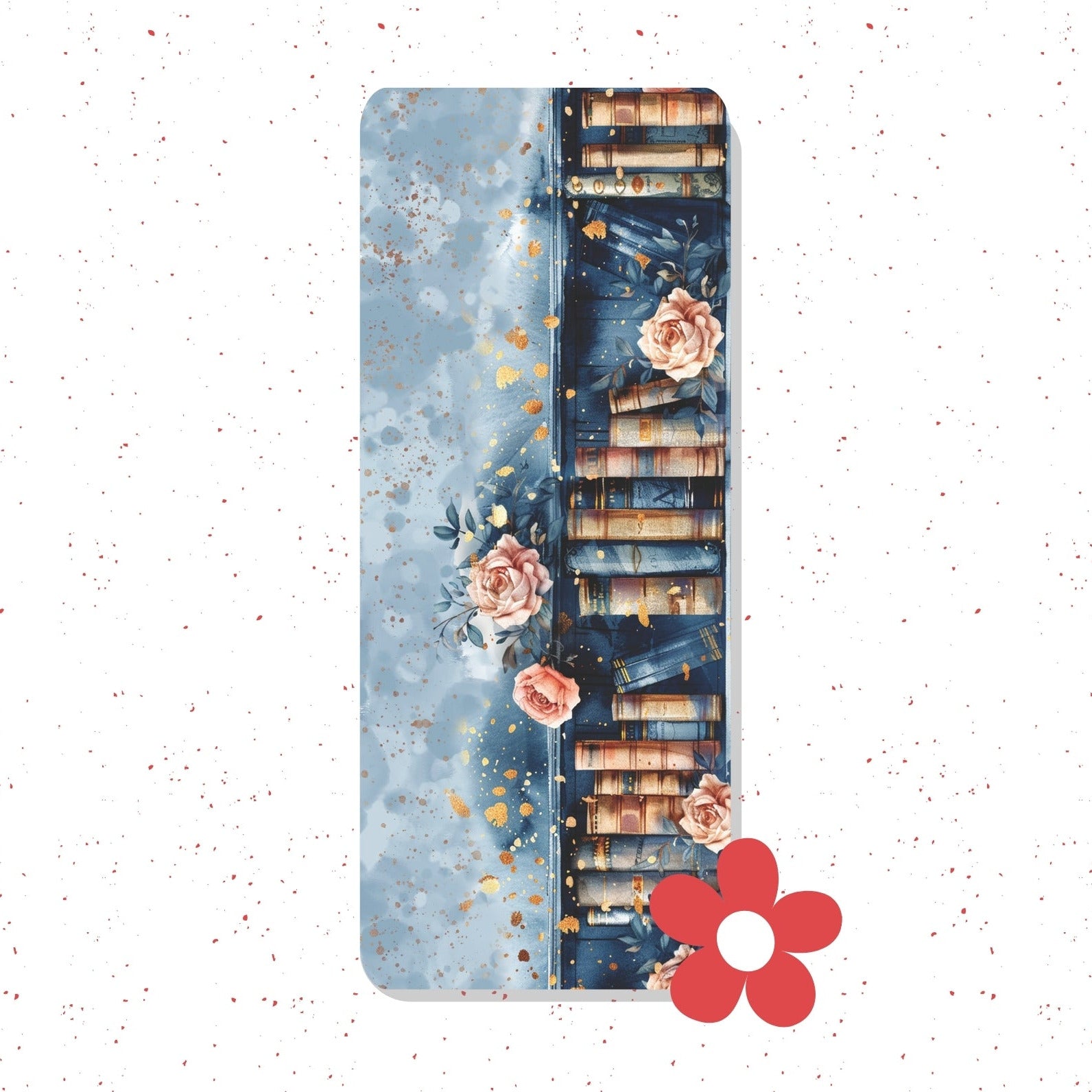 A rectangular yoga mat with a split design, featuring a light blue watercolor texture on the left and a dark blue bookshelf with pink roses on the right, shown on a white speckled background.