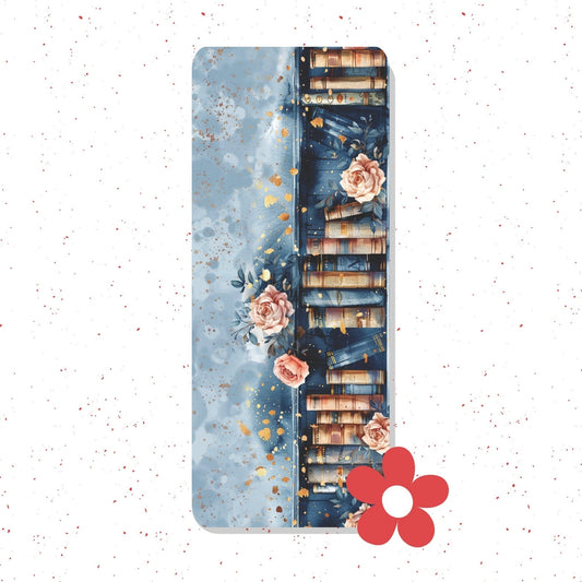 A rectangular yoga mat with a split design, featuring a light blue watercolor texture on the left and a dark blue bookshelf with pink roses on the right, shown on a white speckled background.