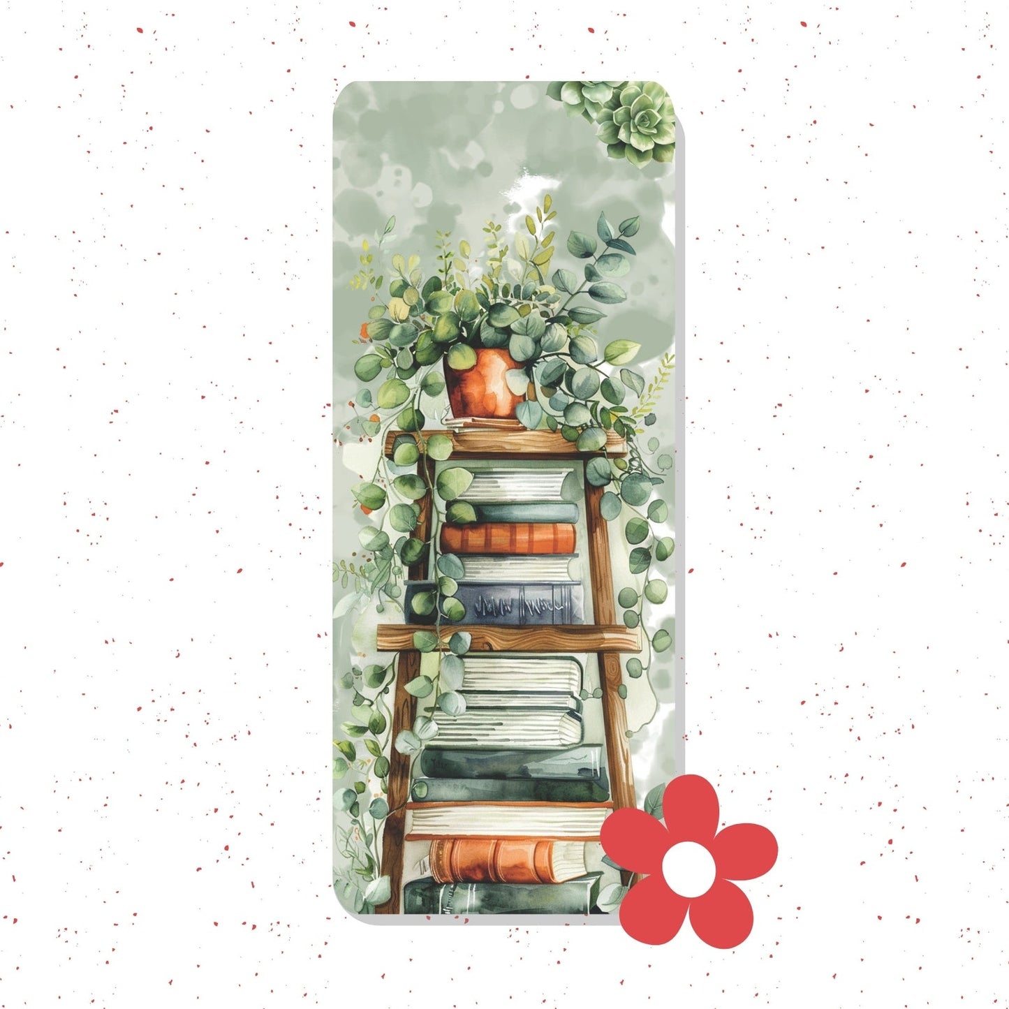 A rectangular phone case featuring a watercolor illustration of a wooden ladder shelf filled with books and decorated with trailing green plants, shown on a white speckled background with a red flower graphic in the corner.
