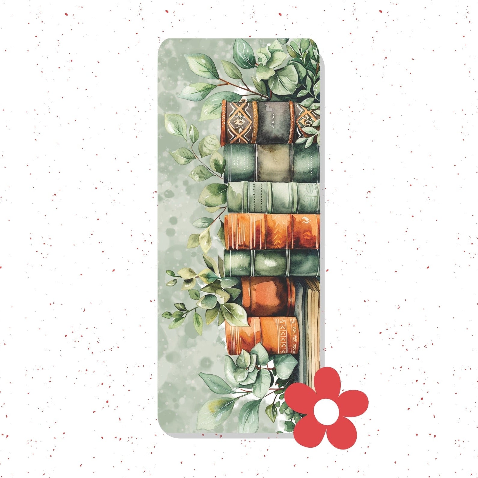 A vertical rectangular mat or towel featuring a watercolor-style illustration of stacked vintage books with green leaves and succulents, shown on a white speckled background with a red flower graphic in the lower right.