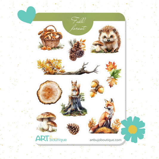 Fall Forest decorative sticker sheet, autumn stickers, cute animals stickers, planner stickers, autumn leaves