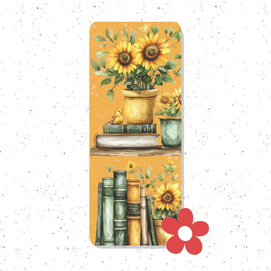 A tall rectangular decorative print or card featuring a watercolor-style sunflower arrangement in pots, books, and a small bird, with a red flower graphic at the lower right, shown on a white speckled background.