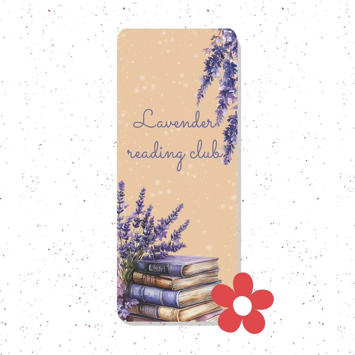A rectangular cream-colored bookish plaque or coaster with rounded corners, featuring a lavender watercolor illustration with the text 'Lavender reading club' and a stack of books. A red flower graphic is overlaid in the bottom right corner, set against a white background with subtle speckles.