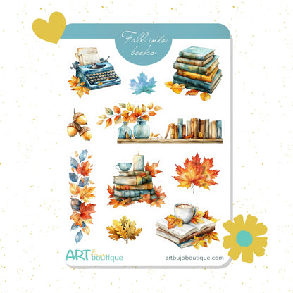 fall stickers, books stickers, cozy autumn stickers, autumn leaves