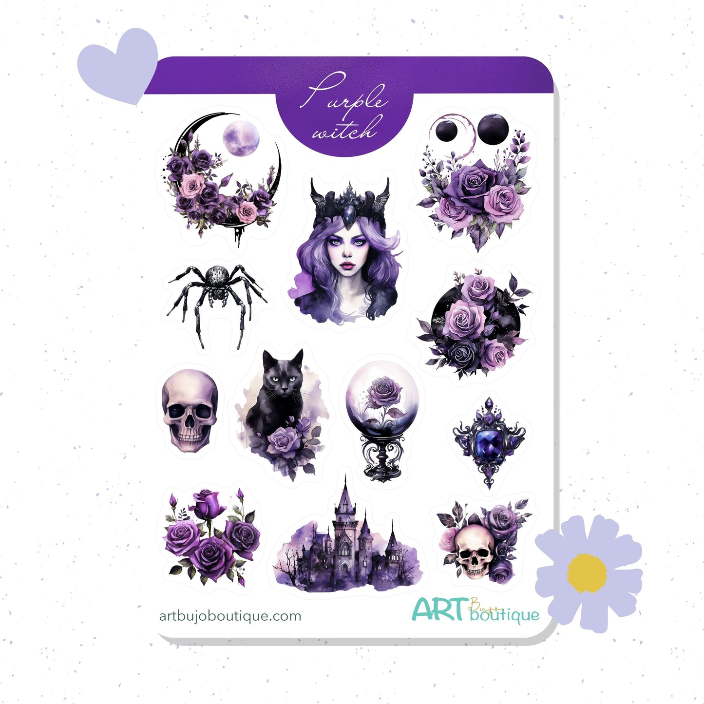 Paarse heksenbujo-stickers Halloween-plannerstickers