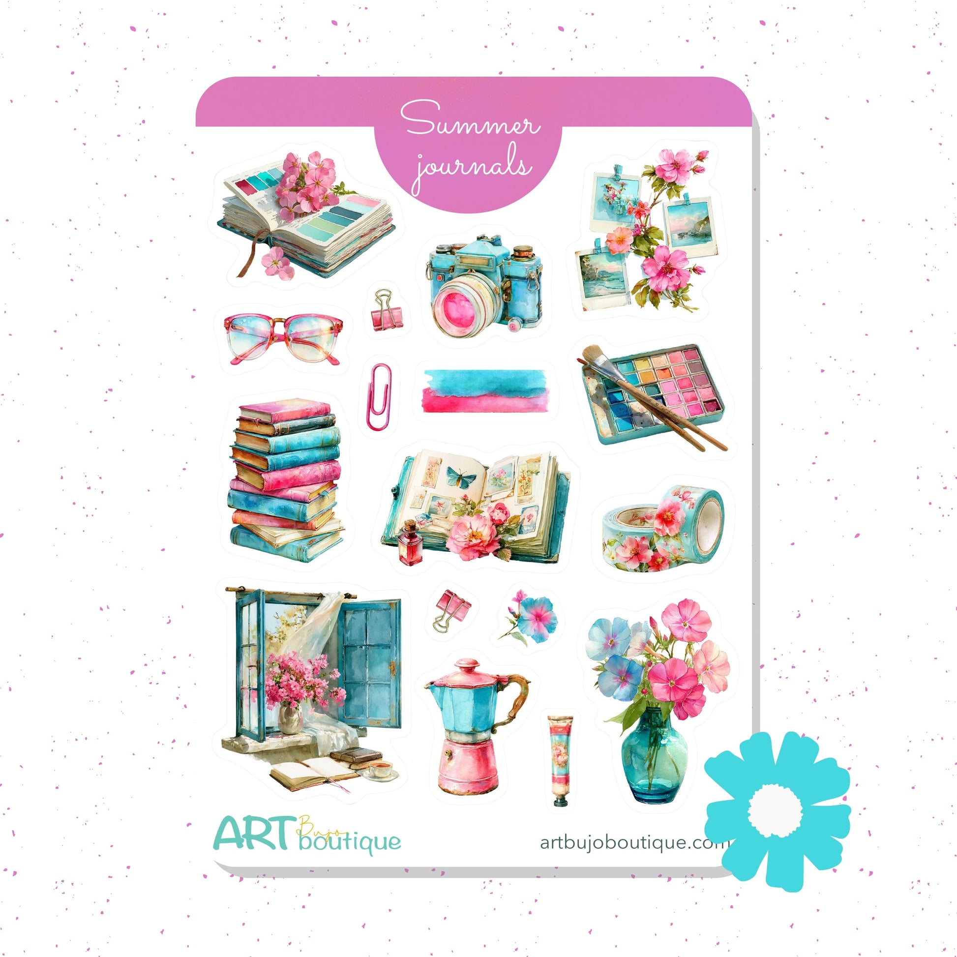 Sticker sheet with summer-themed designs including books, flowers, and a camera on a white background.