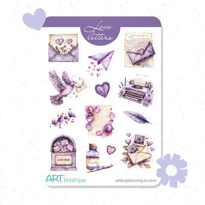 Sheet of purple-themed stickers with love letter, heart, and typewriter designs on a white background.