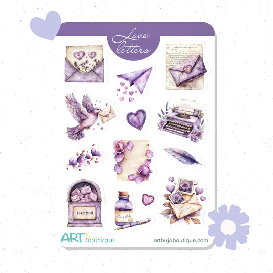 Sheet of purple-themed stickers with love letter, heart, and typewriter designs on a white background.