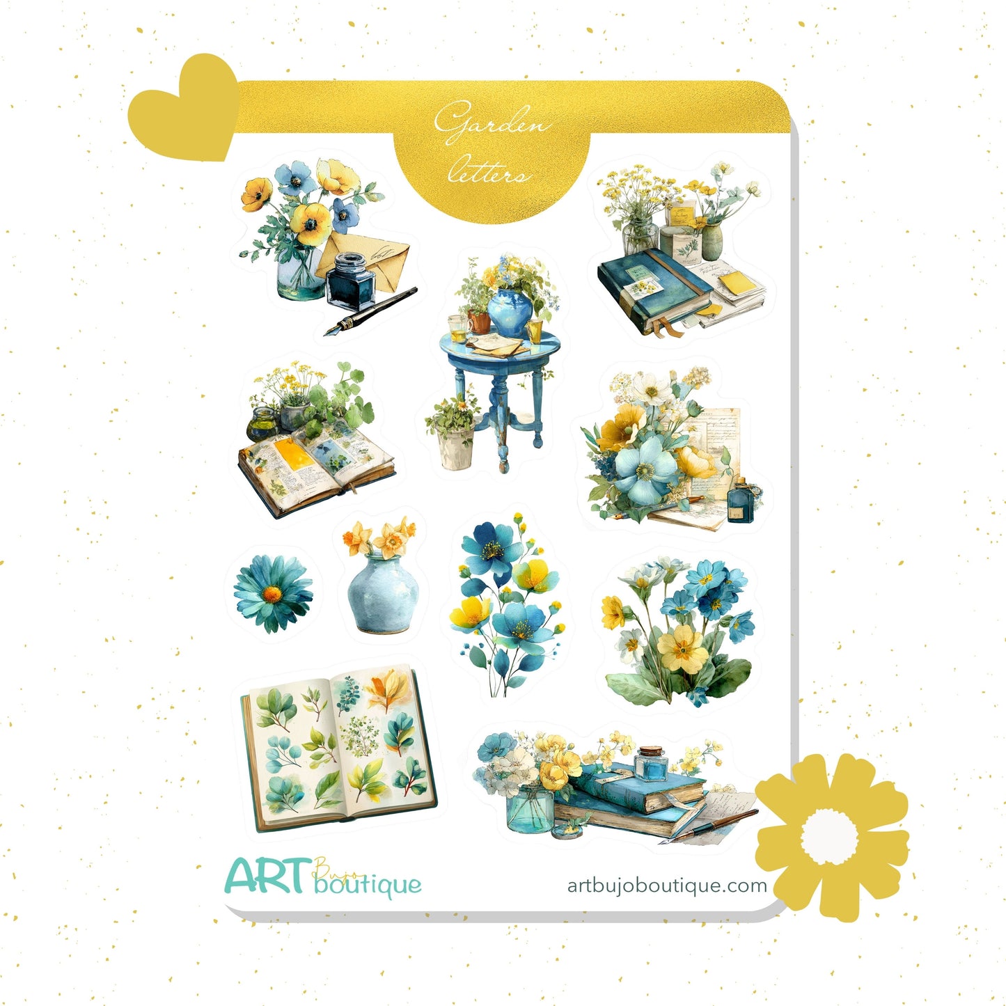 Set of decorative stickers with floral designs and stationery items on a white background.
