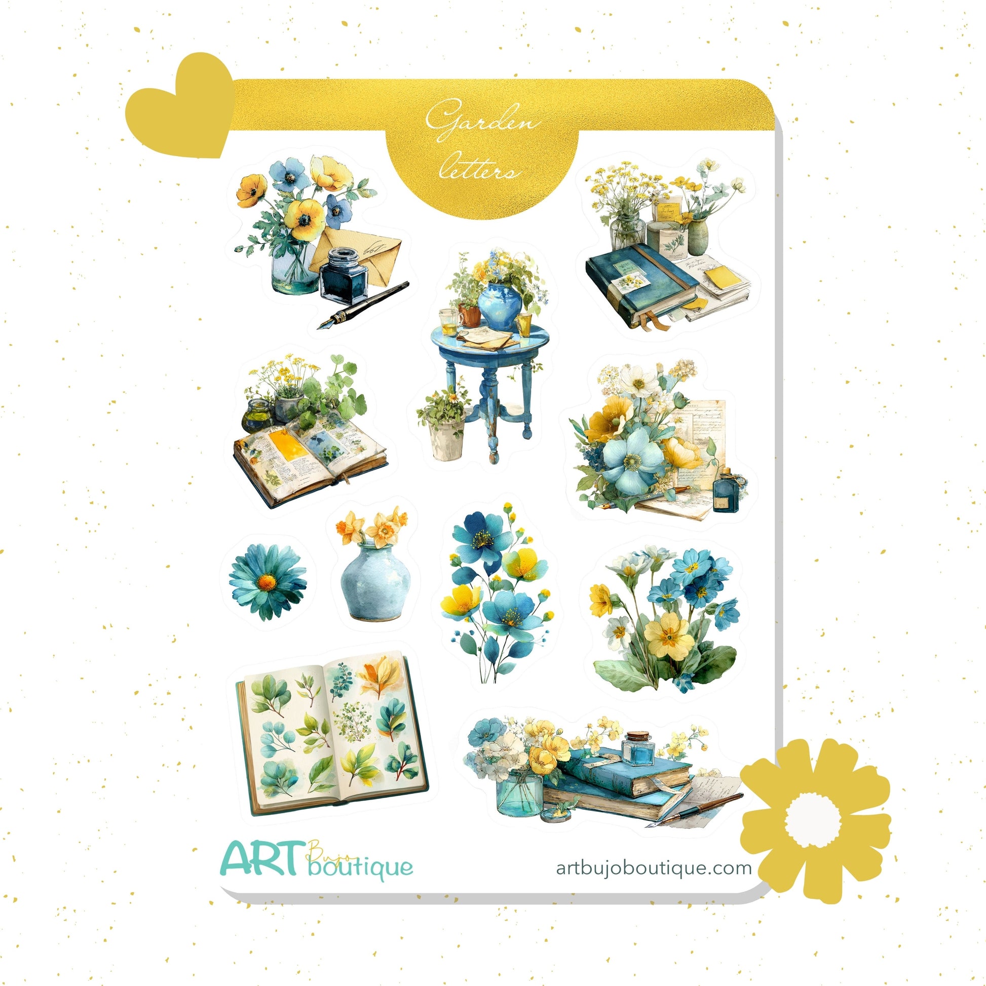 Set of decorative stickers with floral designs and stationery items on a white background.