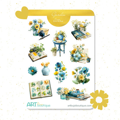 Set of decorative stickers with floral designs and stationery items on a white background.